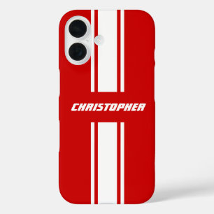 Coque Pour iPhone 16 Stylish Red White Racing Stripes Monogrammed Boys