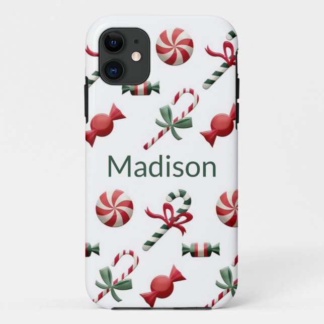 Coques Case-Mate iPhone Sucre de canne de Noël Vert Nom personnalisé (Dos)