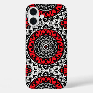 iPhone 16 Plus Case Sud-Ouest Sun Mandala Batik, Rouge, Noir et Blanc