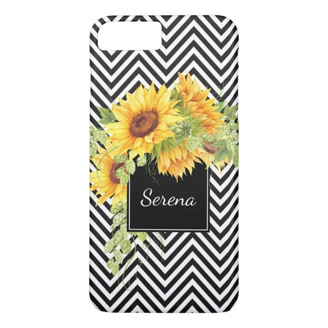 Coques Case-Mate iPhone Sunflowers et Chevron Stripes Motif avec nom (Dos)