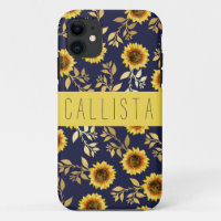 Sunny Yellow Gold Navy Feuilles de tournesols Mono