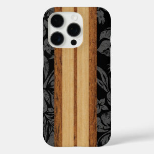 Coques iPhone 16 Pro Sunset Beach Faux Wood Surf board Hawaiian Black C