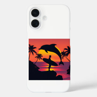 Coque Pour iPhone 16 Sunset Dolphin et Surfer Tropical Beach Téléphone
