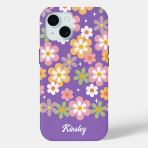 Coque Pour iPhone 15 Super Hippie Daisy Motif avec nom Purple