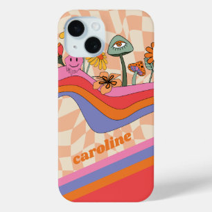 Coque Pour iPhone 15 Super les années 70 Fleur de champignons Pêche per