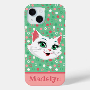 Coque Pour iPhone 15 Super mignon Chat Cartoon rose et vert menthe
