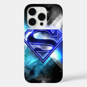 Coques iPhone 16 Pro Superman Stylisé Logo en cristal bleu blanc