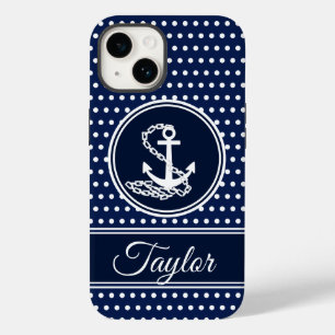 Coque Pour iPhone 14 Symbole Ancre Maritime Bleu Et Blanc Nom Personnal