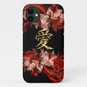Coque iPhone 11 Symbole d'amour chinois sur la fractale rouge