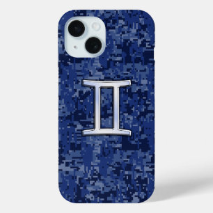 Coque Pour iPhone 15 Symbole de Zodiaque Gemini sur Camo Bleu Marine