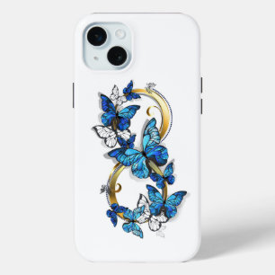 Coque iPhone 15 Mini Symbole Infini de Papillons Morpho Bleus