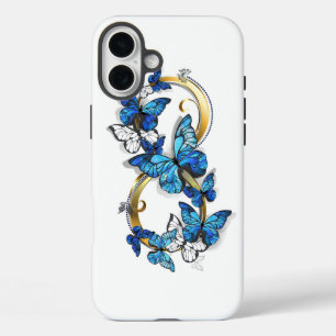 Coques iPhone 16 Plus Symbole infini de papillons Morpho bleus