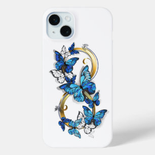 Coque iPhone 15 Mini Symbole infini de papillons Morpho bleus