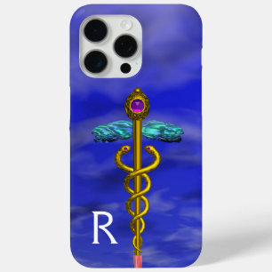 Coque iPhone 15 Pro Max SYMBOLE MÉDICAL CADUCÉE OR Cadre Bleu Ciel Monogra