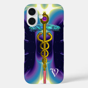Coque Pour iPhone 16 SYMBOLE MÉDICALE D'OR CADUCUS, Monogramme bleu vio