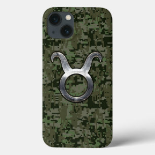 iPhone 13 Case Symbole Taurus sur Camo numérique vert