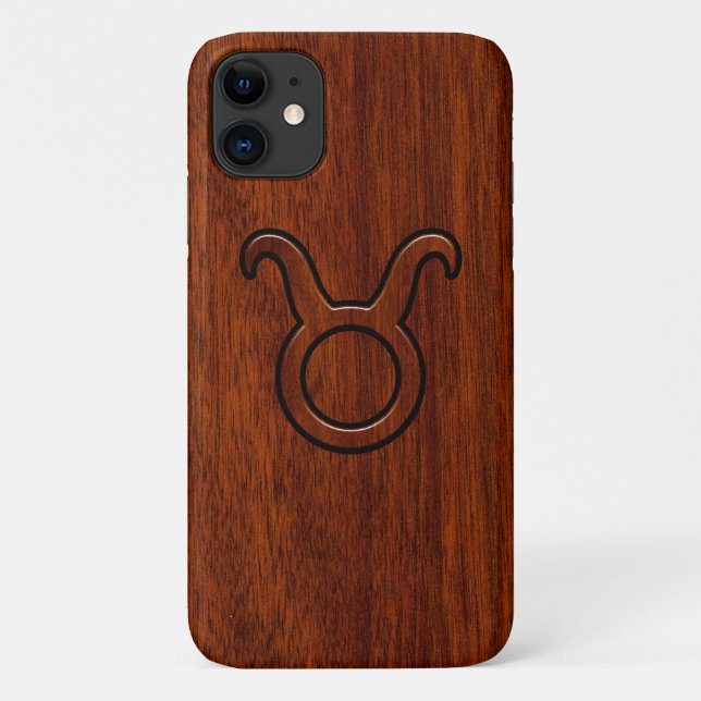 Coques Case-Mate iPhone Symbole Taurus Zodiac sur imprimé style acajou (Dos)
