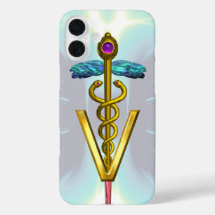 Coques iPhone 16 Plus SYMBOLE VÉTÉRINAIRE DE CADUCE D'OR Bleu CLAIR Turq