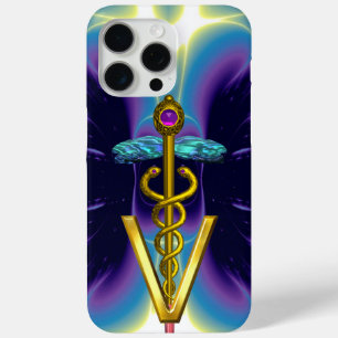Coque iPhone 15 Pro Max SYMBOLE VÉTÉRINAIRE DE CADUCE D'OR / Bleu pourpre