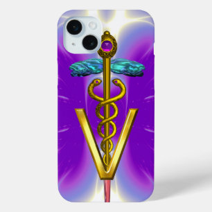 Coque iPhone 15 Mini SYMBOLE VÉTÉRINAIRE DE CADUCE D'OR / Fuchsia viole
