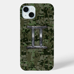 Coque iPhone 15 Mini SYMBOLE Zodiaque Gemini sur Camouflage numérique v