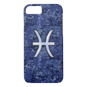 Coque iPhone 8/7 Symbole zodiaque Pisces Camouflage numérique bleu 