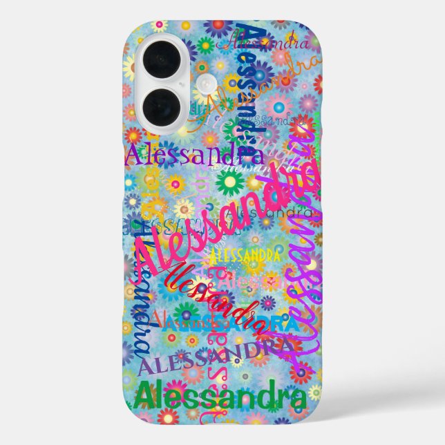 Coques Case-Mate iPhone Sympa Fun Girly Nom Collage avec Fleurs Bleu (Verso)