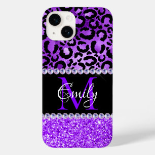 Coque Pour iPhone 14 Taches de léopard noir et violet Glam Monogramme