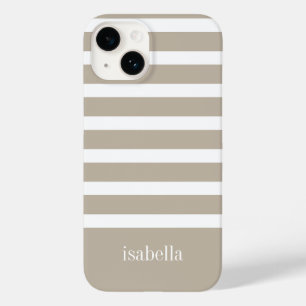 Coque Pour iPhone 14 Tan kaki moderne et bande blanche avec Monogramme