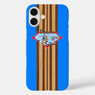 Coques iPhone 16 Plus Tandem Surf Hawaiian Faux Wood Blue Surfboard
