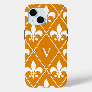 Coque Pour iPhone 15 Tangerine Fleur de Lis avec monogramme