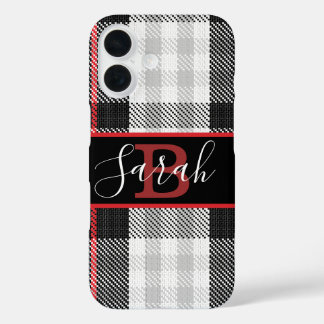 Coque Pour iPhone 16 Tartan noir et gris À damiers police rouge