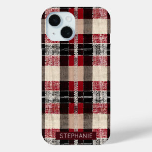 Coque Pour iPhone 15 Tartan rouge classique et noir - Rustique tissé