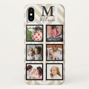 Coque iPhone X Taupe moderne Herringbone blanc 6 Photo et monogra