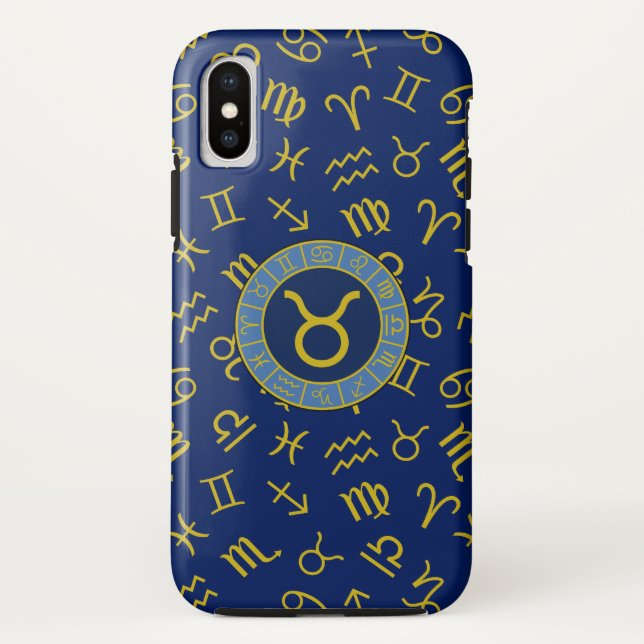 Coques Case-Mate iPhone Taurus Zodiac+Astrologie Symboles Motif Or+Blues (Dos)