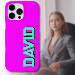 Coques iPhone 16 Pro Max Teal 3D Noir Moderne Nom Drôle Néon Magenta