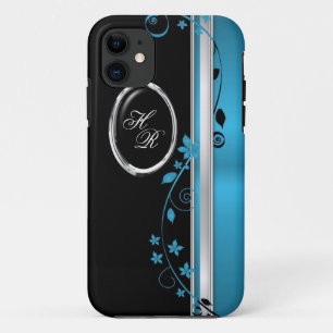 Coque Case-Mate Pour iPhone Teal élégant et caisse florale noire de l'iPhone