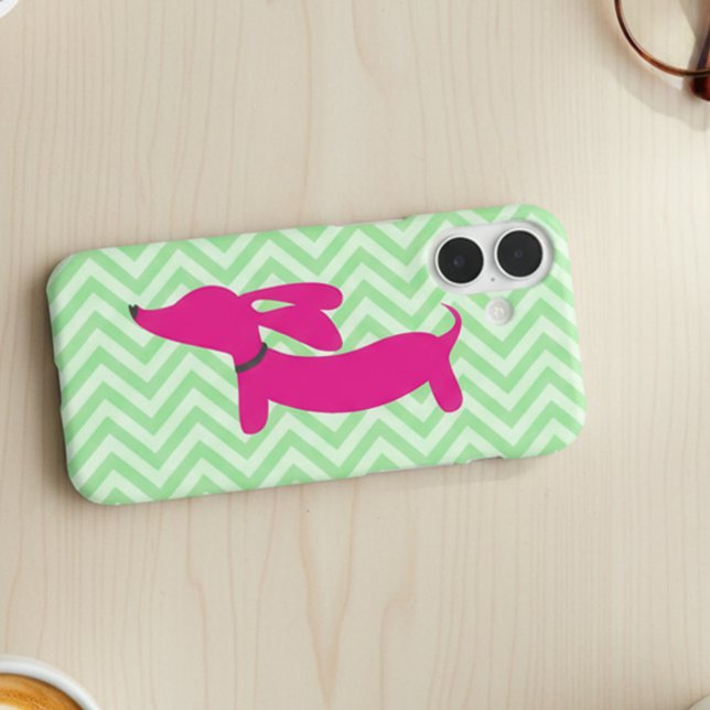 Coques Case-Mate iPhone Teckel + Chevron vert (Pink and green dachshund phone case for wiener dog moms)
