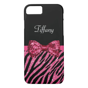 Coque iPhone 7 Tendance rose Zebra Print FAUX Glitz Bow avec nom