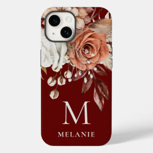 Coque Pour iPhone 14 Terracotta Florals Monogramme Nom initial Bourgogn