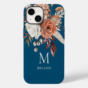 Coque Pour iPhone 14 Terracotta Florals Monogramme Nom initial Turquois