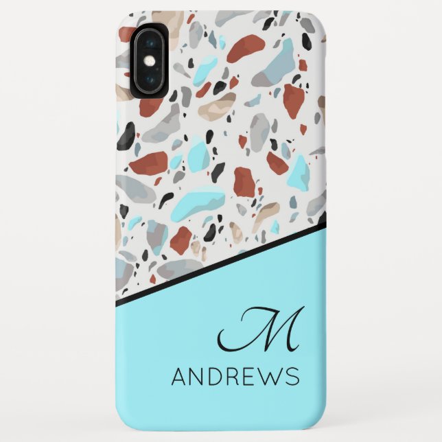 Coques Case-Mate iPhone Terrazzo Blue Monogramme Nom personnalisé (Dos)