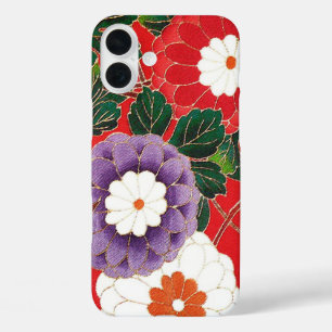 iPhone 16 Plus Case Textile japonais vintage - Dahlias rouges