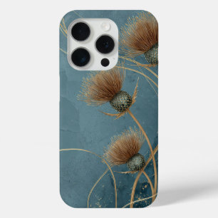 Coque iPhone 15 Pro Texture Élégance Bleu Sarcelle Chardon Doré