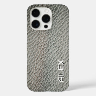 Coques iPhone 16 Pro Texture en cuir gris moyen - Patte neutre réaliste
