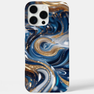 Coques iPhone 16 Pro Max Texture en marbre 3D Deep Blue Gold Swirl,