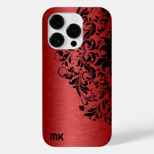Coque Pour iPhone 14 Pro Texture rouge métallique dentelle noire et texte