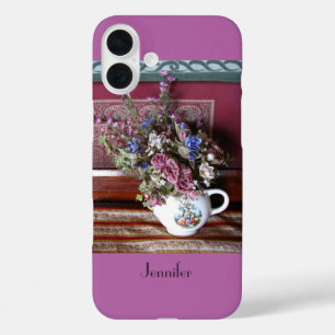 Coques iPhone 16 Plus Théière vintage avec Fleurs, Violet, Orchidée, Nom