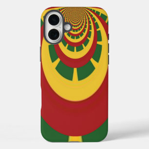 Coques iPhone 16 Plus Thème de couleurs Rasta : spirale rouge, verte et