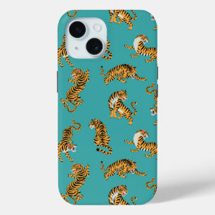 Coque Pour iPhone 15 Tiger sur Motif Turquoise